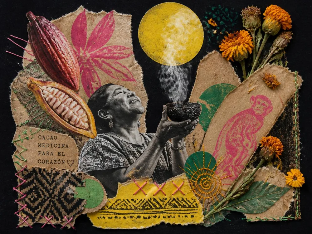 Paper collage of cacao pods, marigolds and a woman raising a ceremonial bowl